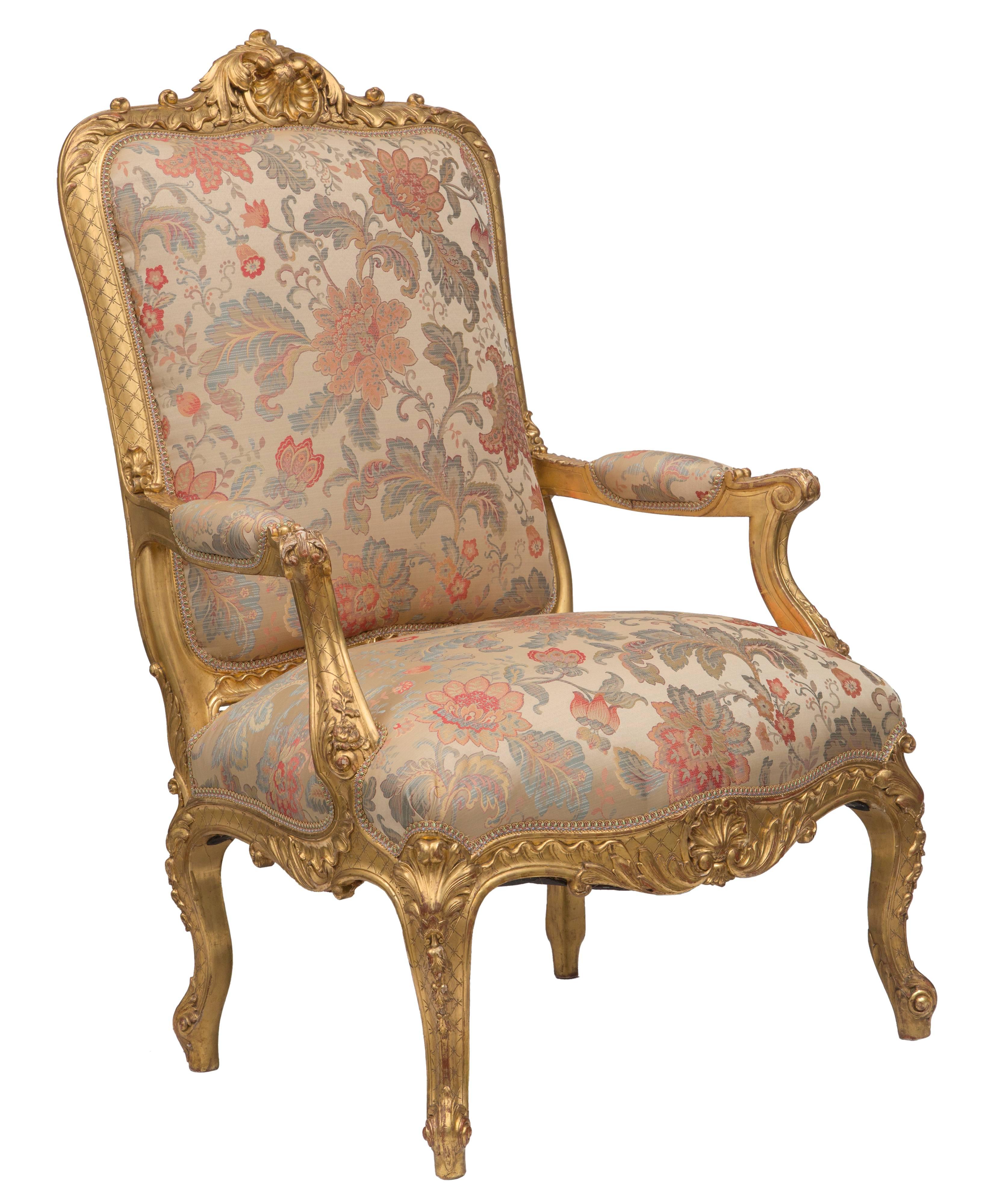 Louis XVI Set of Four French 19th Century Louis XV St. Giltwood High Back Armchairs