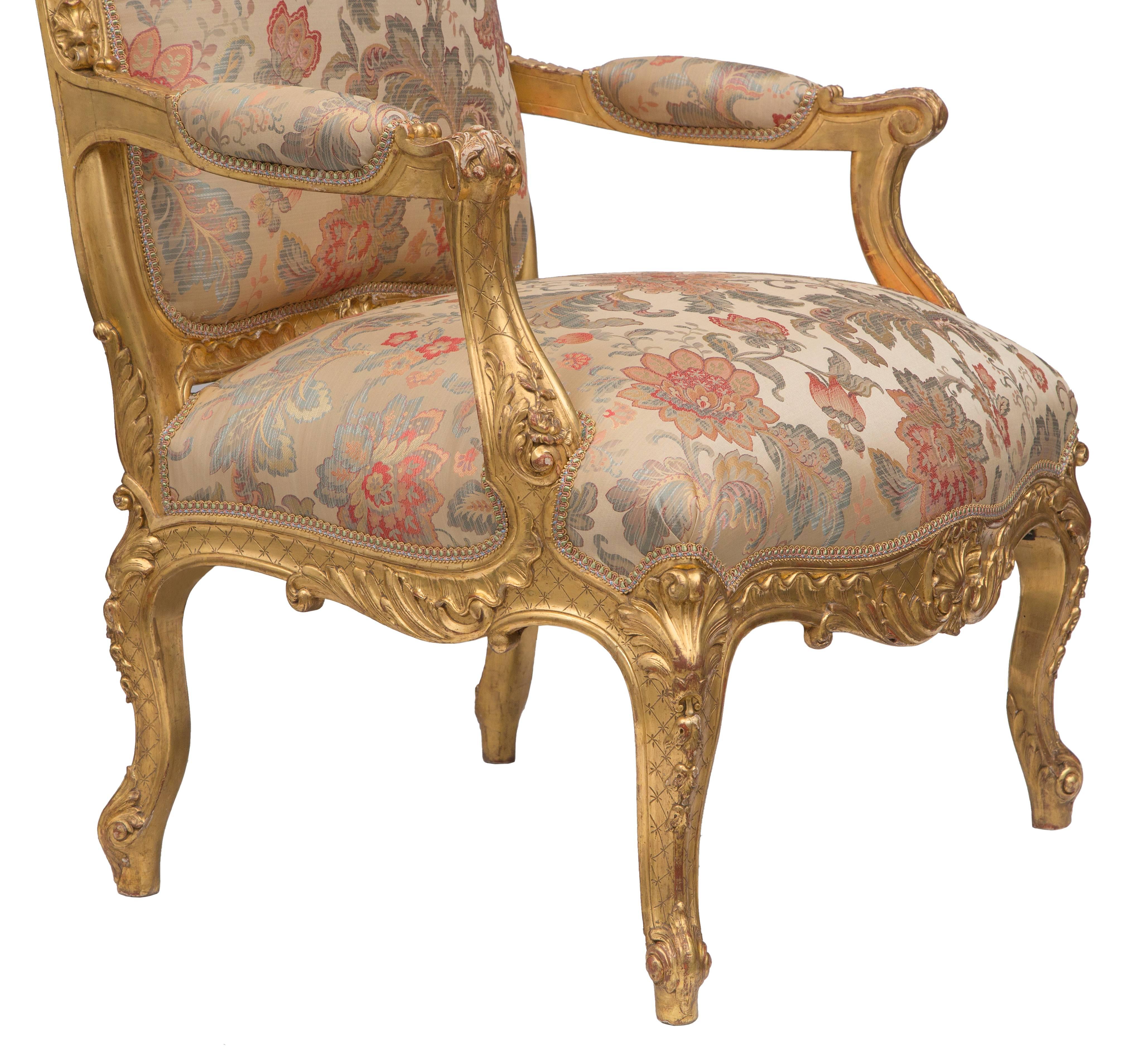 Set of Four French 19th Century Louis XV St. Giltwood High Back Armchairs In Excellent Condition In West Palm Beach, FL