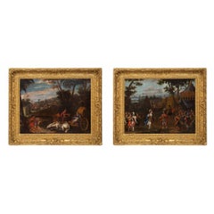 Antique Pair of Continental 17th Century Oil on Canvas Battle Scene Paintings