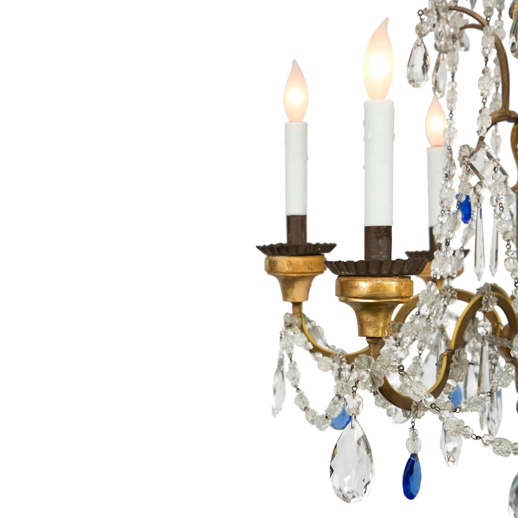 Italian 18th Century Giltwood, Gilt Metal and Glass Six-Light Chandelier In Excellent Condition In West Palm Beach, FL