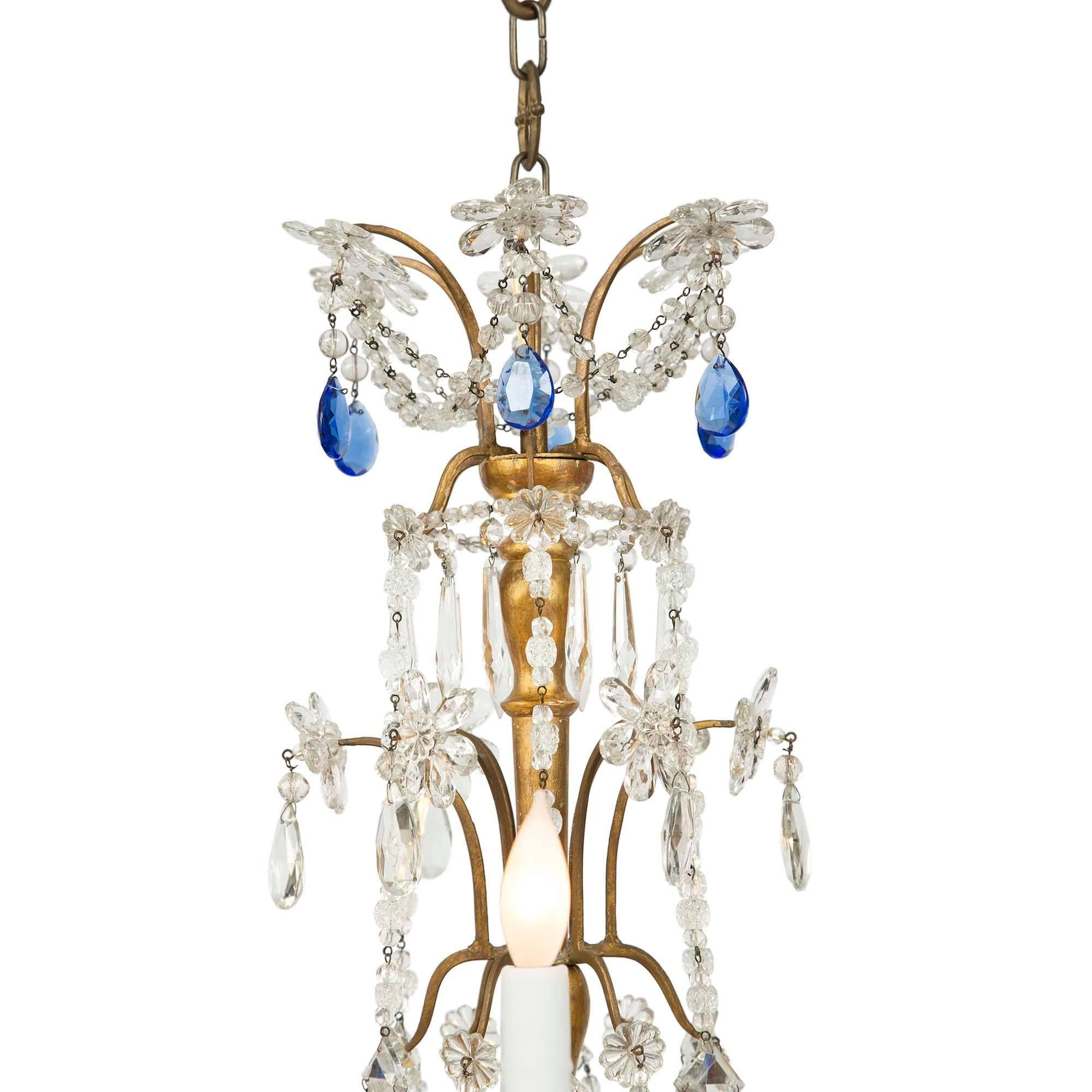 Crystal Italian 18th Century Giltwood, Gilt Metal and Glass Six-Light Chandelier