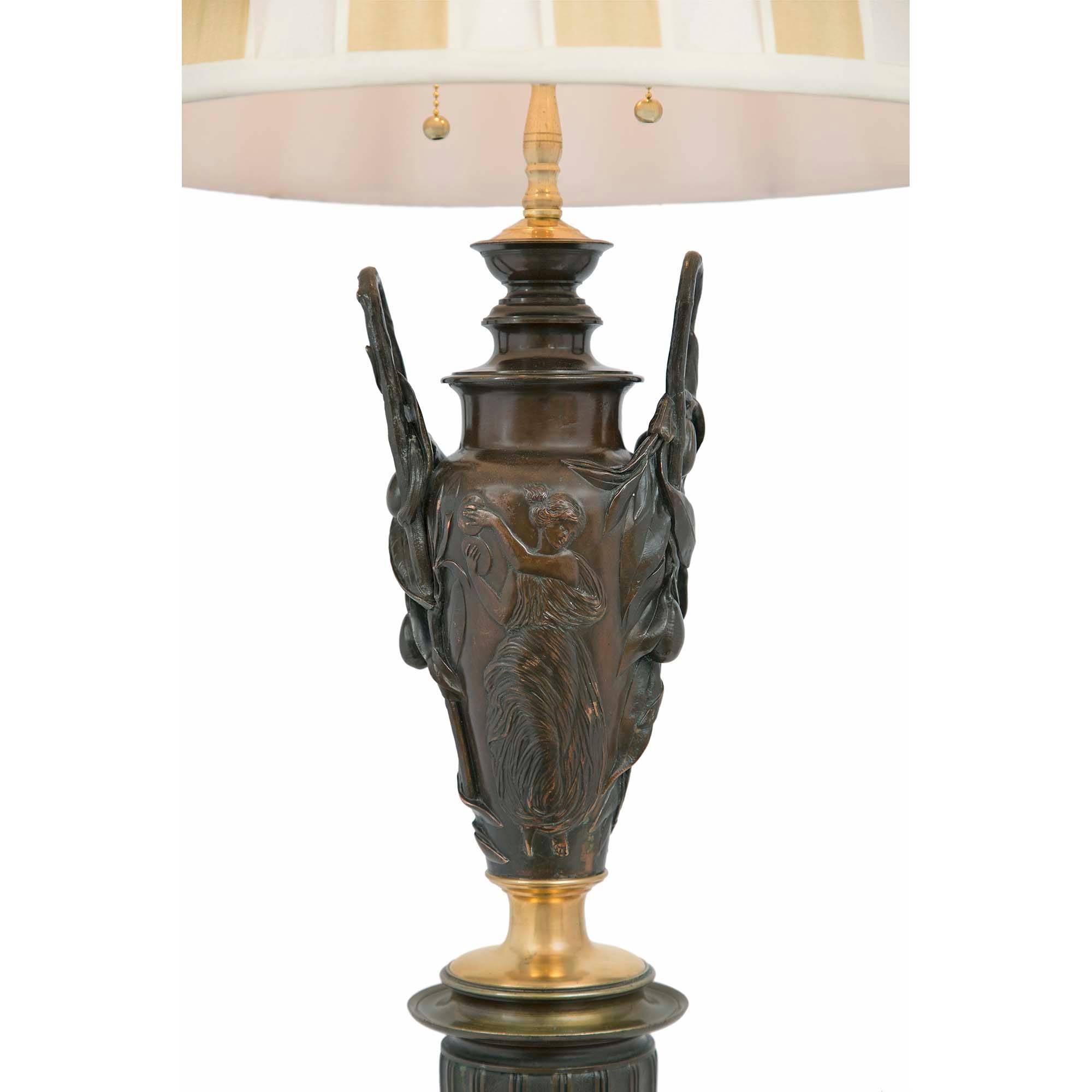 Patinated Pair of  French 19th Century Neoclassical Style Bronze and Ormolu Lamps
