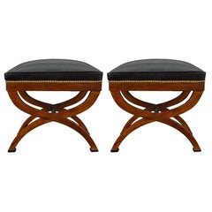 Pair of French Early 19th Century Neoclassical Style Mahogany and Ebony Benches