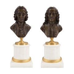 French 19th Century Louis XVI Style Patinated Bronze Busts, Signed Houdon