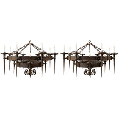 Pair of 19th Century French Wrought Iron Circular Chandeliers