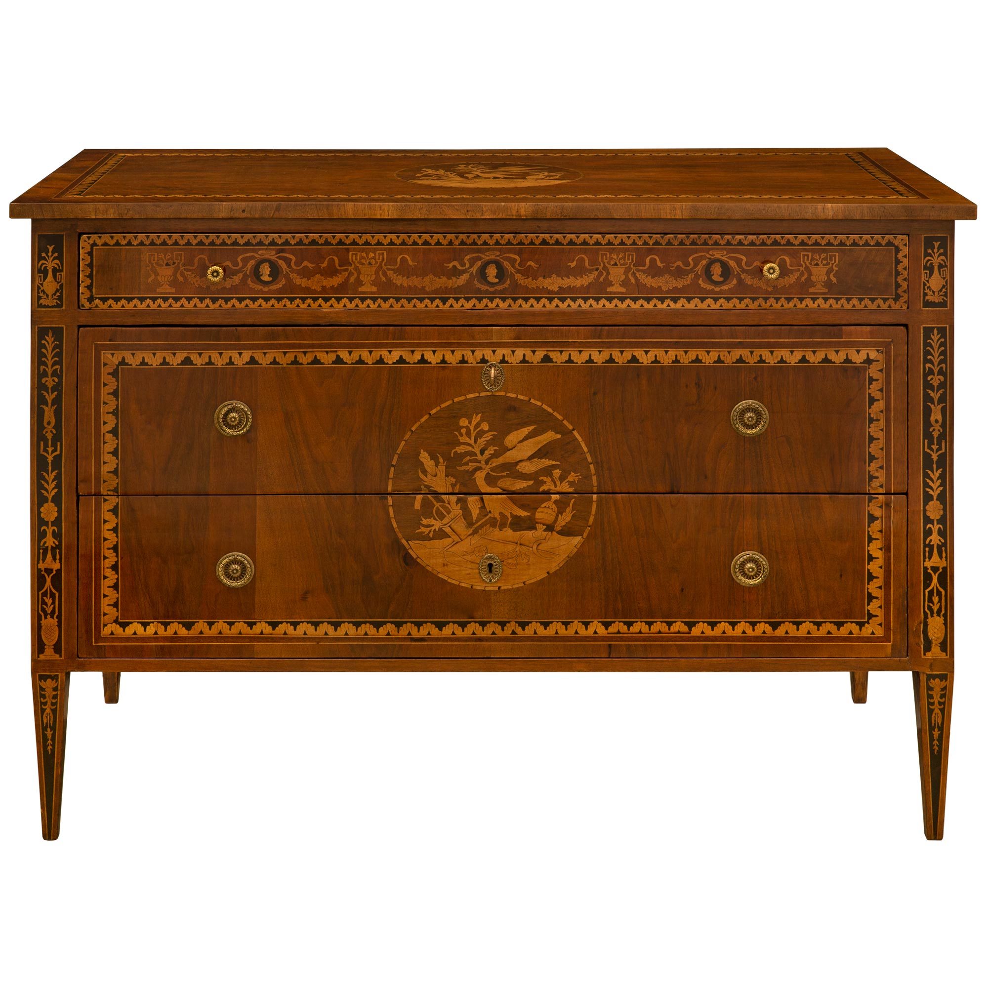 Italian 18th Century Louis XVI Period Walnut and Tulipwood Marquetry Commode For Sale