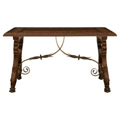 Spanish 19th century Renaissance st. Walnut and Brass trestle table
