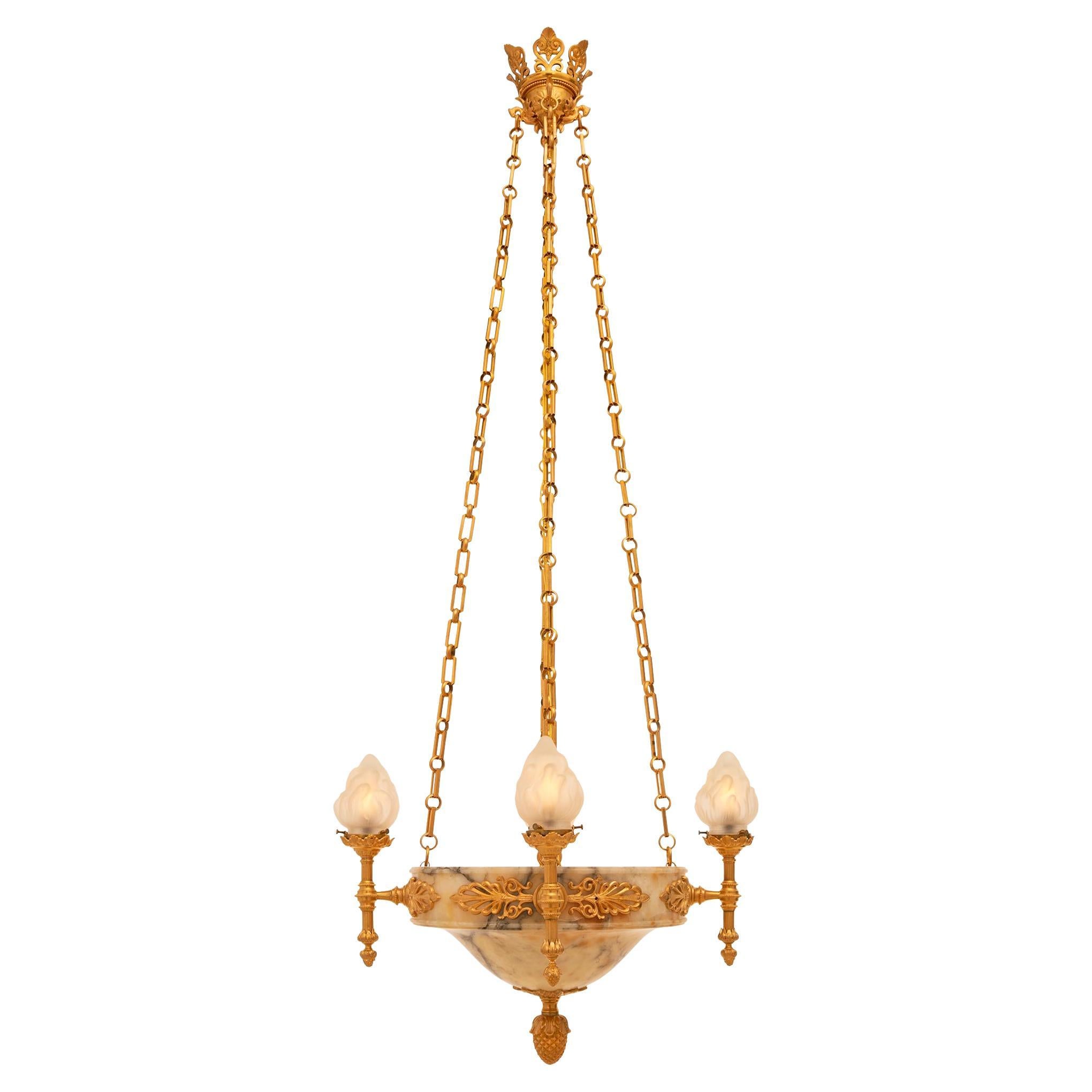 French 19th Century Neoclassical St. Alabaster and Ormolu Chandelier For Sale