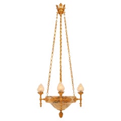 Antique French 19th Century Neoclassical St. Alabaster and Ormolu Chandelier
