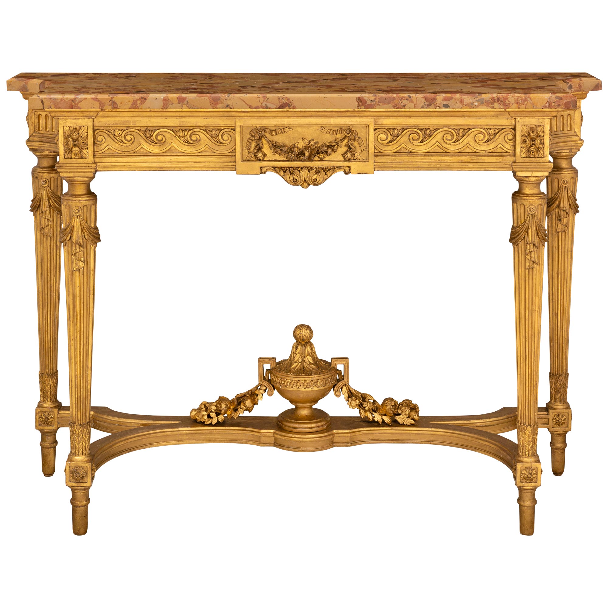 Console sur pied de style Louis XVI du 19ème siècle en bois doré et marbre