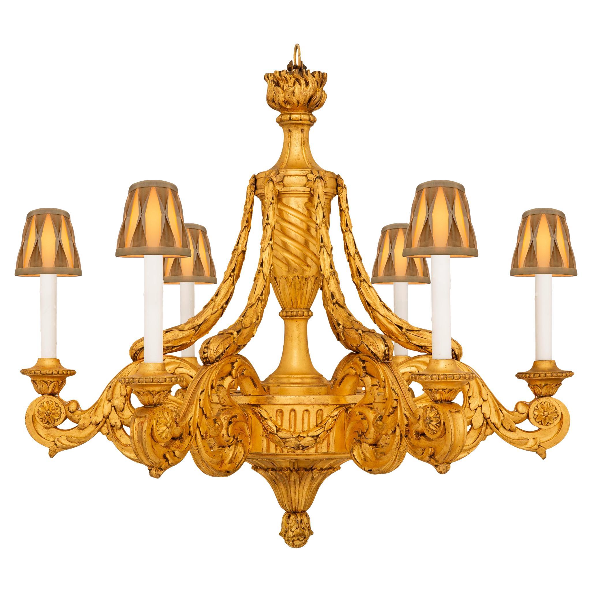 French 19th Century Louis XVI St. Circular Giltwood Six Arm Chandelier