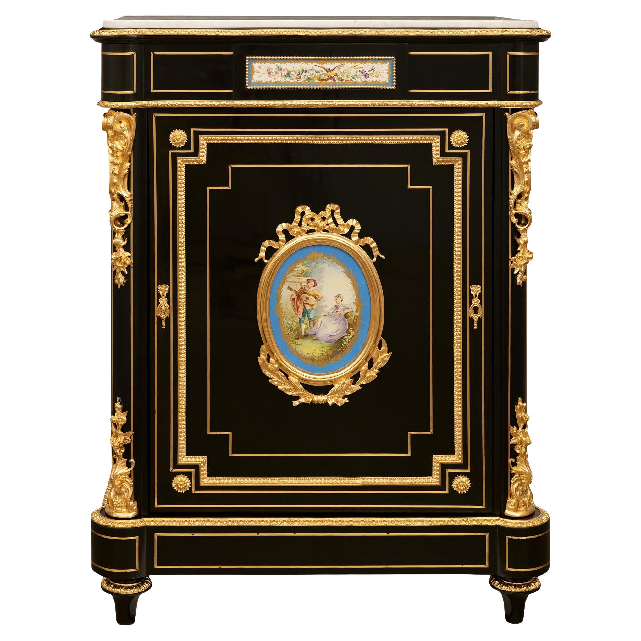 French 19th century Napoleon III Period Ebony, Porcelain and Ormolu cabinet