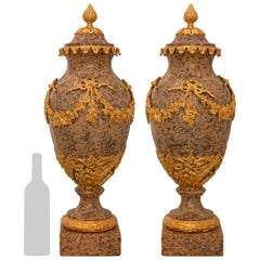 Paire d'urnes à couvercle de style Louis XVI du 19ème siècle en granit et bronze doré
