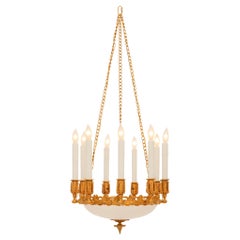 Lustre français du XIXe siècle en bronze doré et verre dépoli