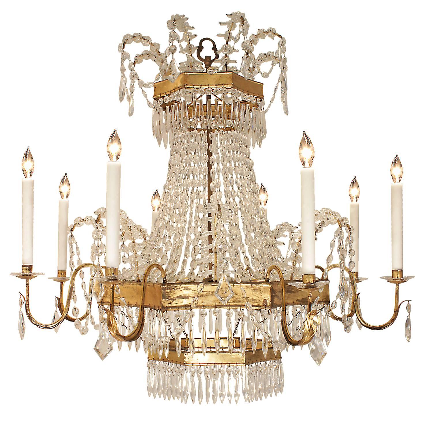A pair of Italian 19th century gilt metal and crystal eight light chandeliers 2