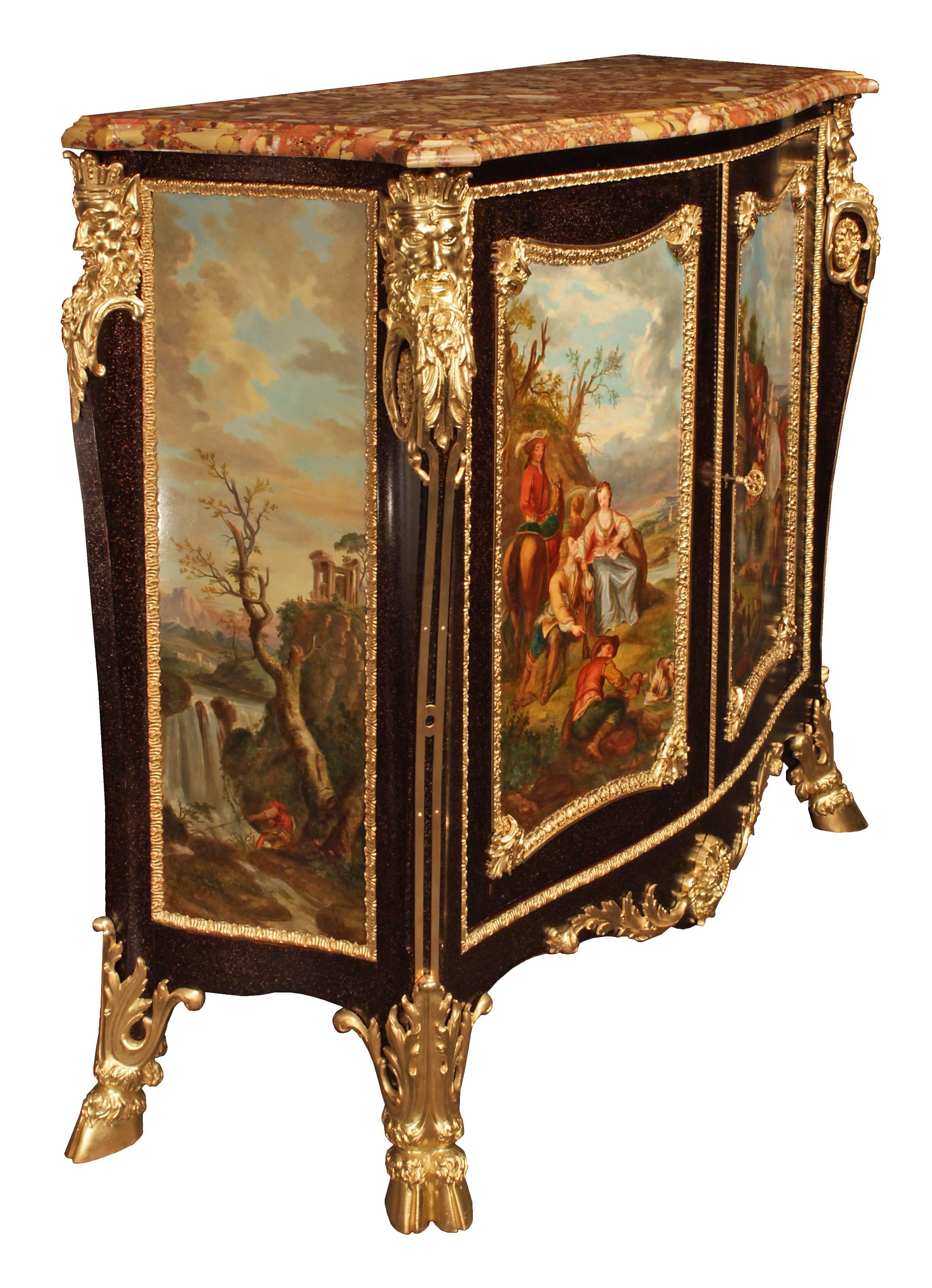 An extremely high quality French 19th century Louis XV style Belle Époque period ormolu mounted two door cabinet with a hand-painted porphyr design and panels, attributed to Henri Dasson. Raised by large and sensational ormolu hoof feet with