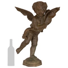 French 19th Century Cast Iron Fountain Of A Young Boy Holding A Dolphin