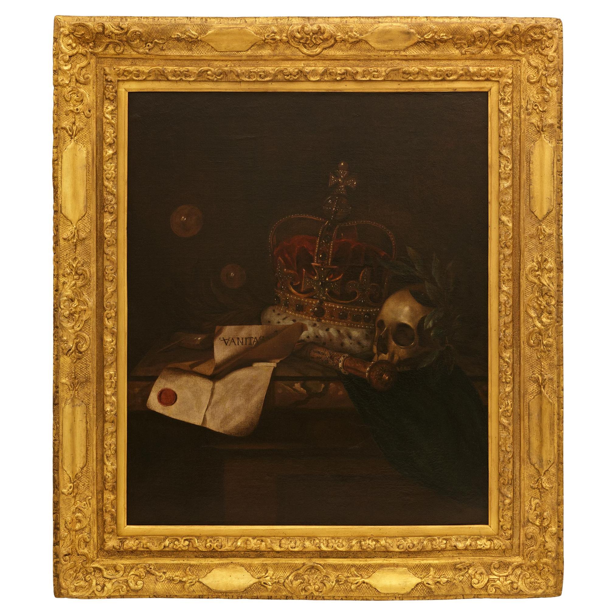 Vanitas-Gemälde in Öl auf Leinwand und Giltwood, in der Art von Pieter Claesz im Angebot