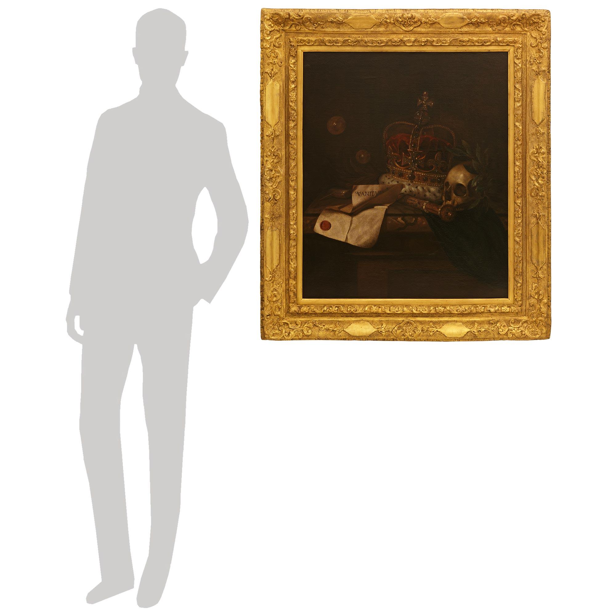 Ein hübsches und auffälliges niederländisches Vanitas-Gemälde aus dem späten 17. und frühen 18. Jahrhundert in der Art von Pieter Claesz, Öl auf Leinwand und Giltwood. Dieses außergewöhnliche Altmeister-Stillleben befindet sich in einem