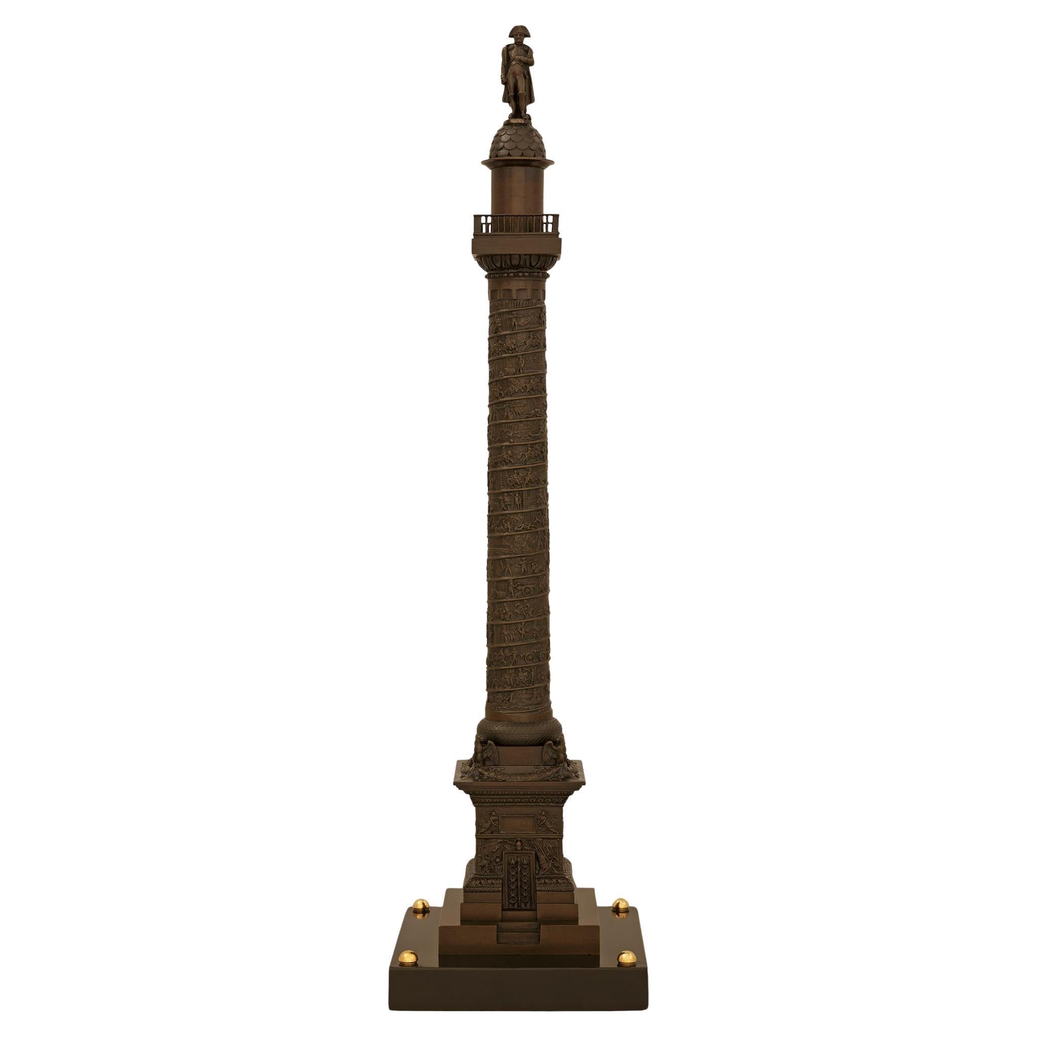 patinated Bronze, Black Belgian marble and Ormolu Vendôme Column For Sale