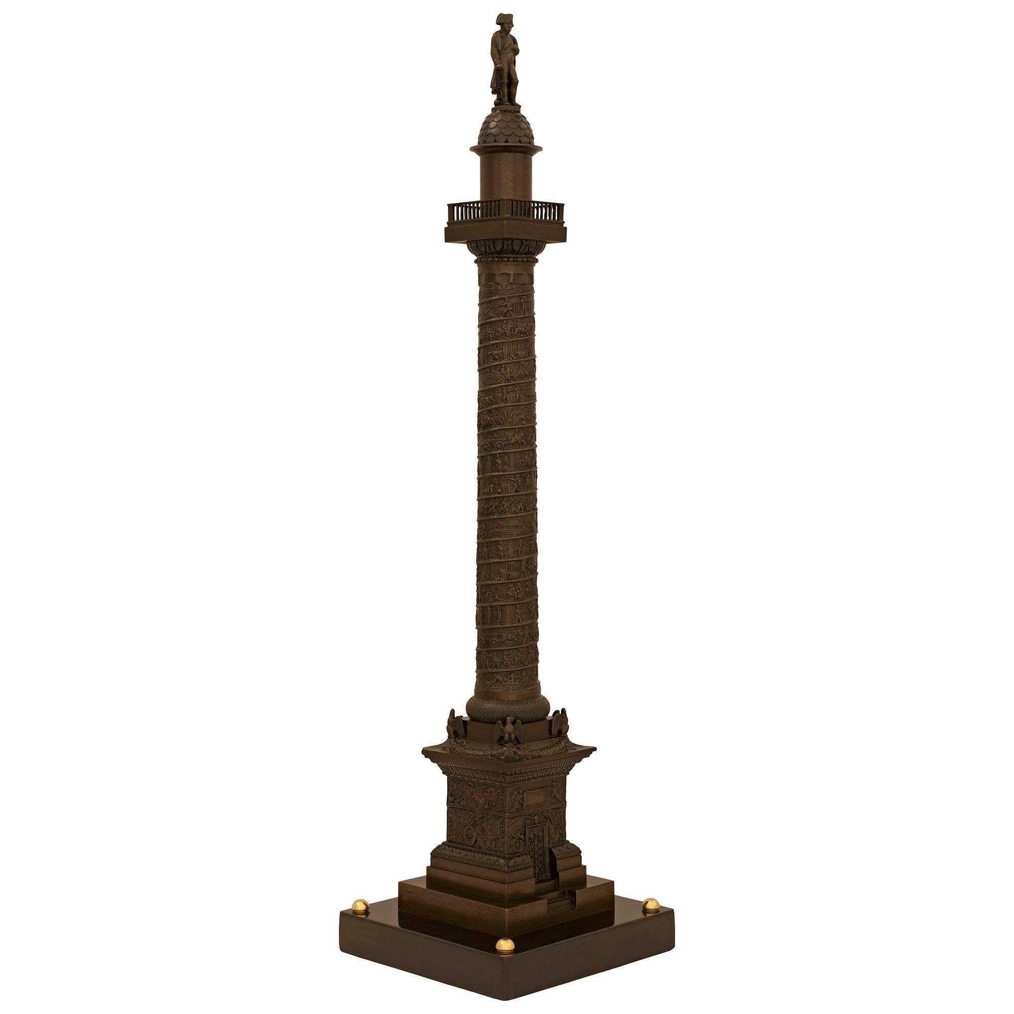 Grand Tour patinated Bronze, Black Belgian marble and Ormolu Vendôme Column For Sale