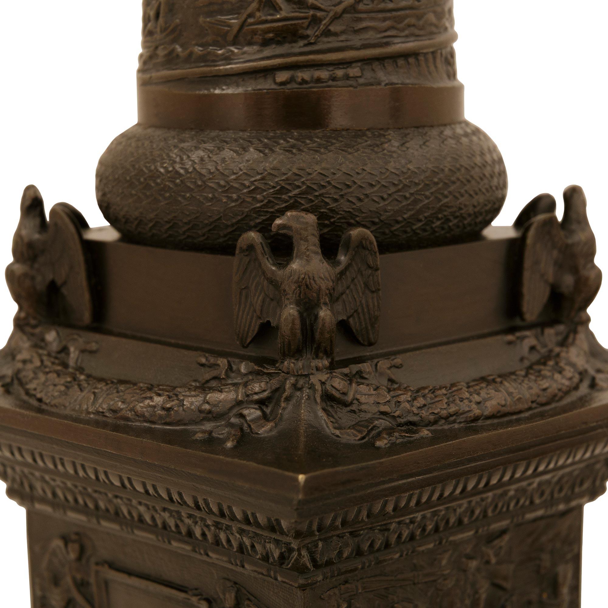 patinated Bronze, Black Belgian marble and Ormolu Vendôme Column For Sale 1