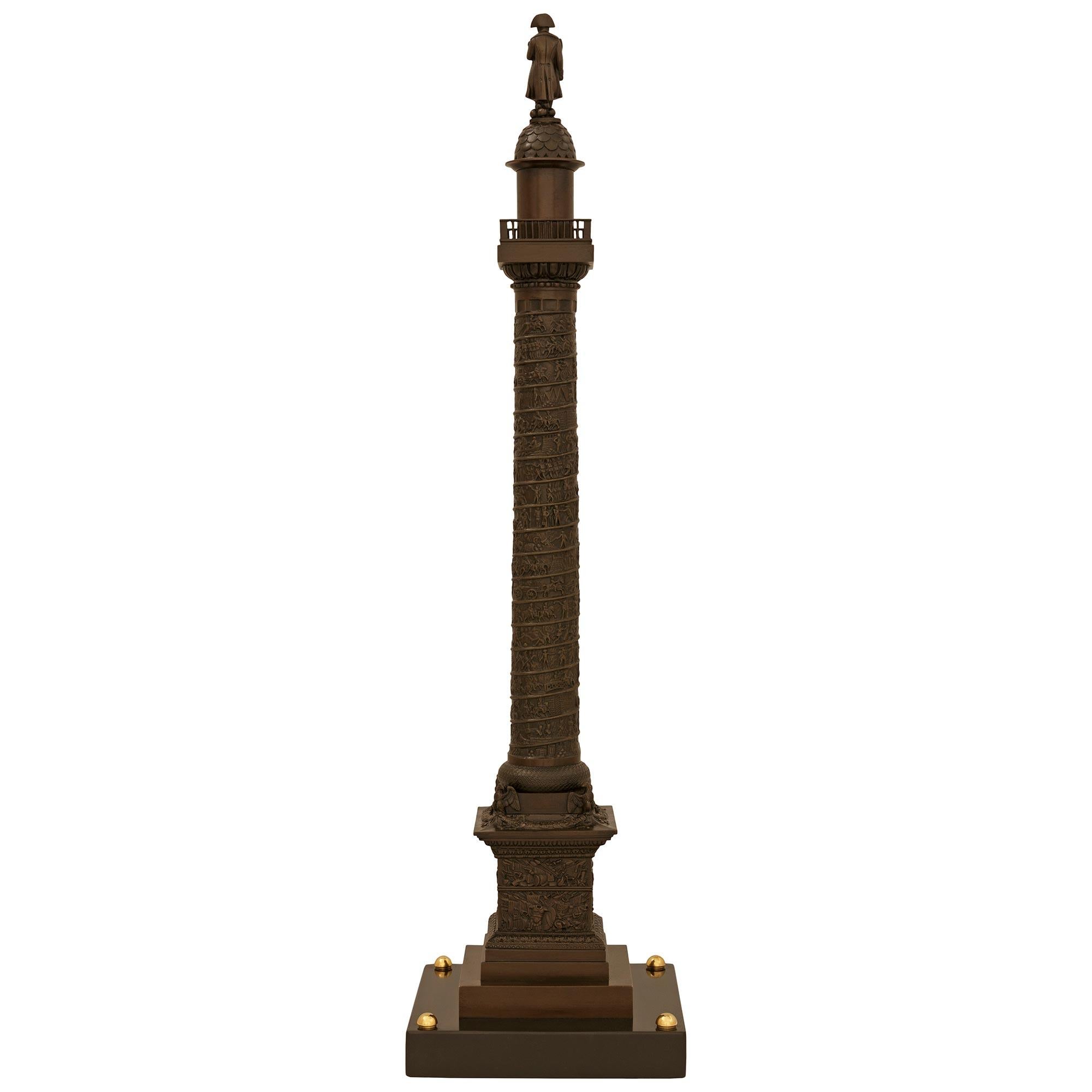 patinated Bronze, Black Belgian marble and Ormolu Vendôme Column For Sale 4