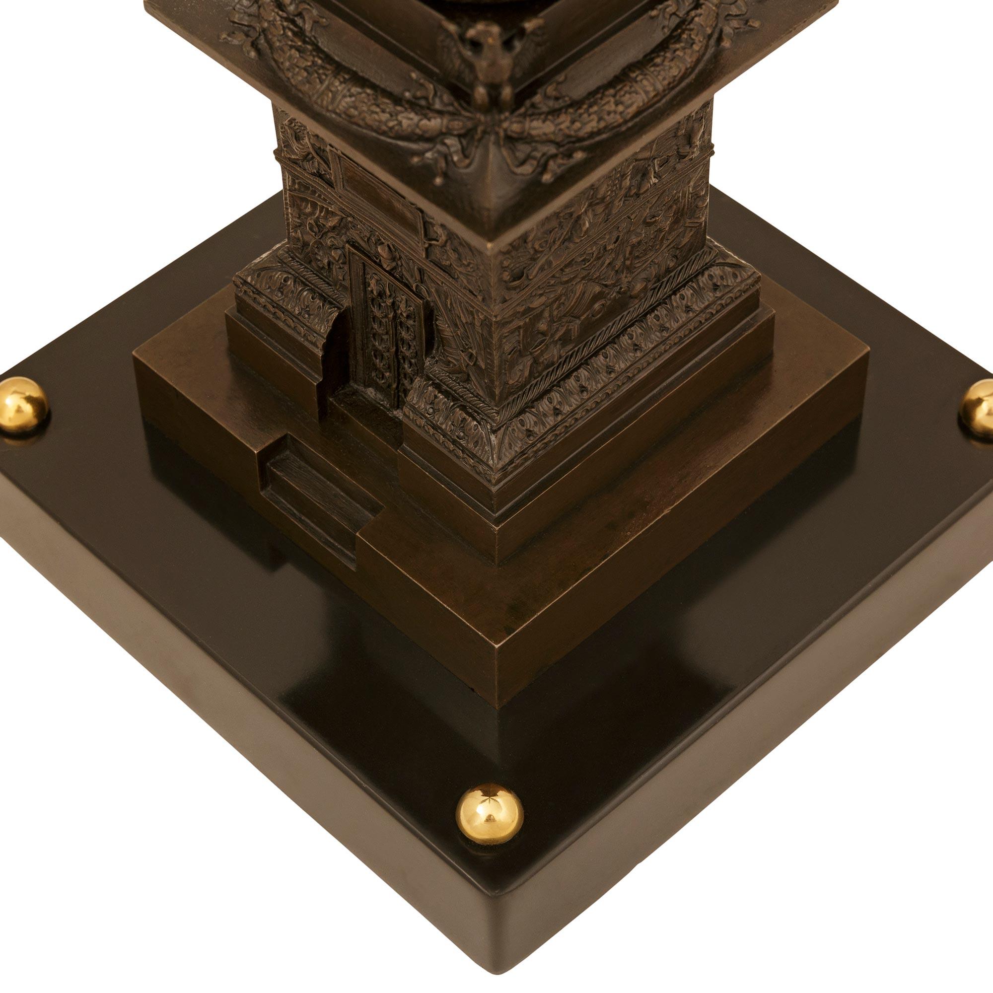 patinated Bronze, Black Belgian marble and Ormolu Vendôme Column For Sale 3