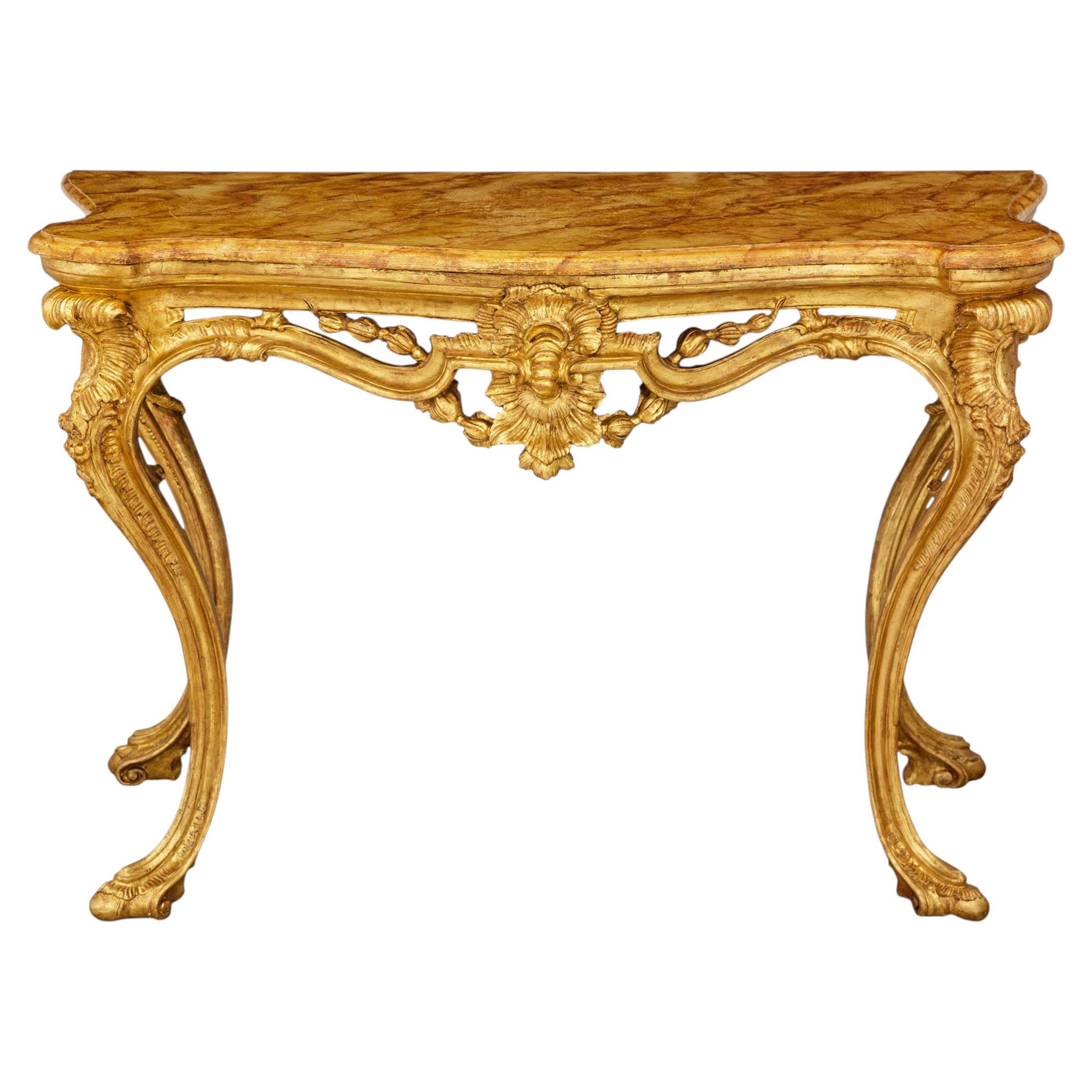 Neapolitan 18th century Louis XV Period Giltwood and faux Marble console For Sale