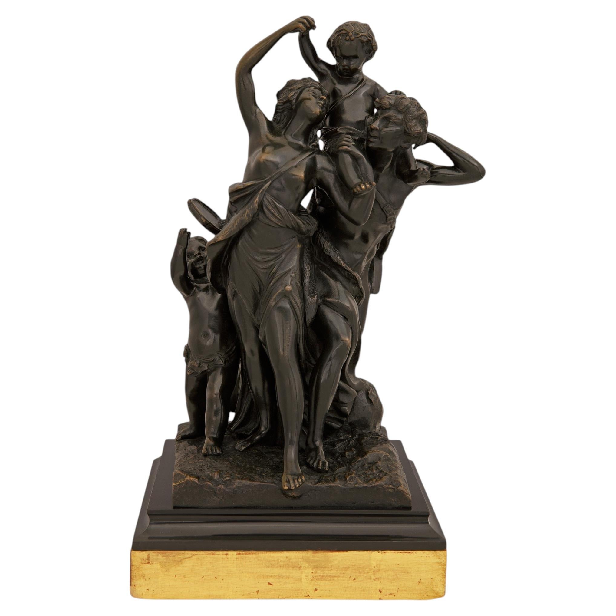 French 19th century Louis XVI st. patinated Bronze, Marble and Giltwood statue