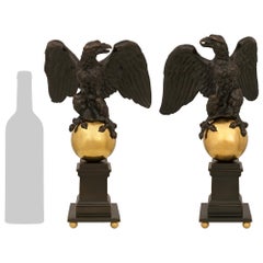 true pair of French 19th century patinated Bronze, Ormolu and Marble Eagles