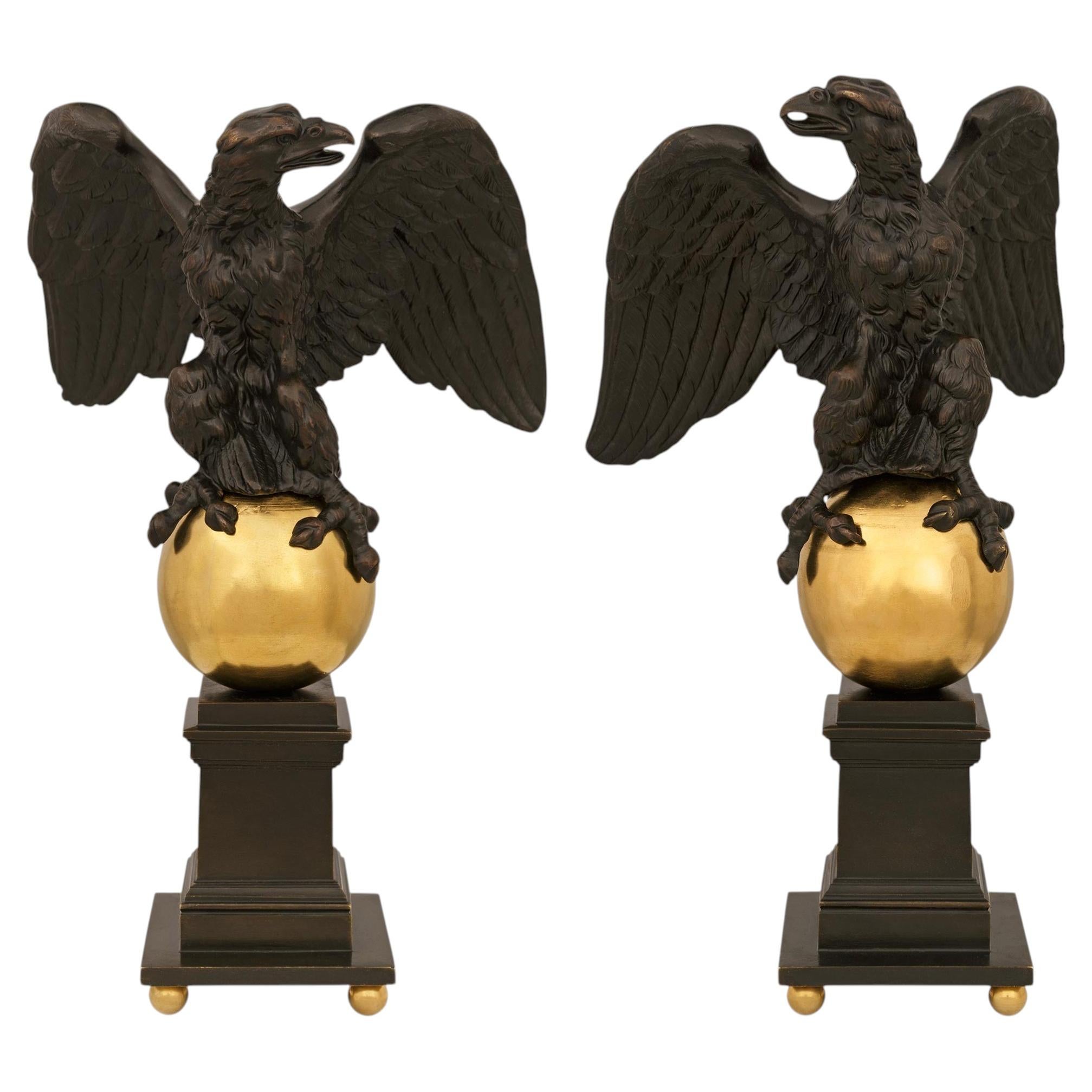 true pair of French 19th century patinated Bronze, Ormolu and Marble Eagles