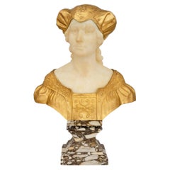 Busto francese del XIX secolo in alabastro, bronzo dorato e marmo, firmato S. Bizard