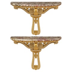 Pair of Italian 19th century Louis XV st. patinated Wood, Giltwood and marble co