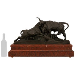 French 19th century Bronze & marble statue Battle of the Bulls, signed Clesinger