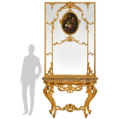 Italian 19th century Giltwood, Oil on Canvas, and Marble console and mirror