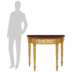 Console française du XVIIIe siècle, de style Louis XVI, en bois doré et marbre de Griotte