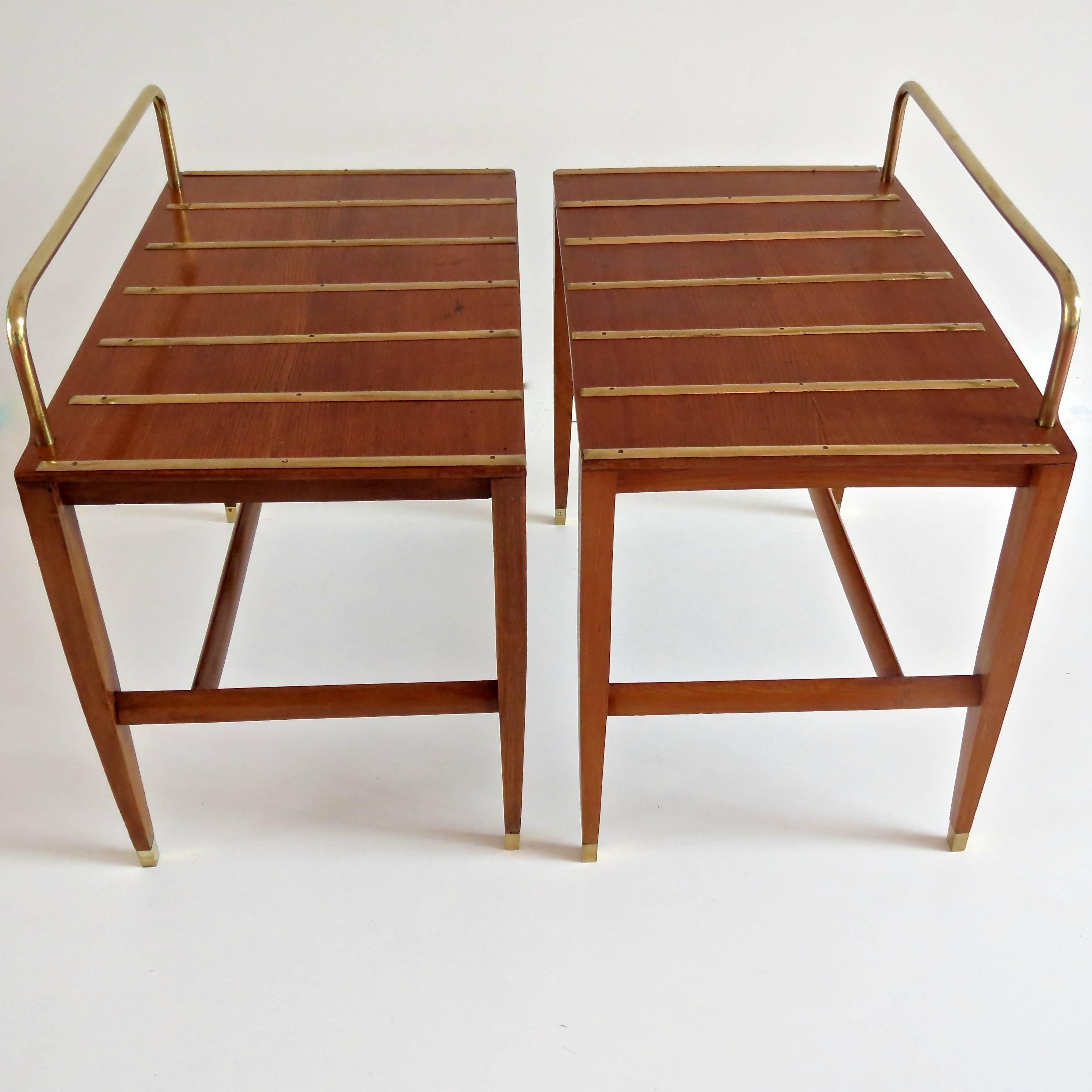 Gio Ponti side tables (stands) produced by Giordano Chiesa,
from the suite of the Hotel Royal Naples, 1955.
Italian walnut, brass. Brass details: Handles, foot and seven sections (each stand)
Measures: Height 65 cm; 65x 42 cm height without
