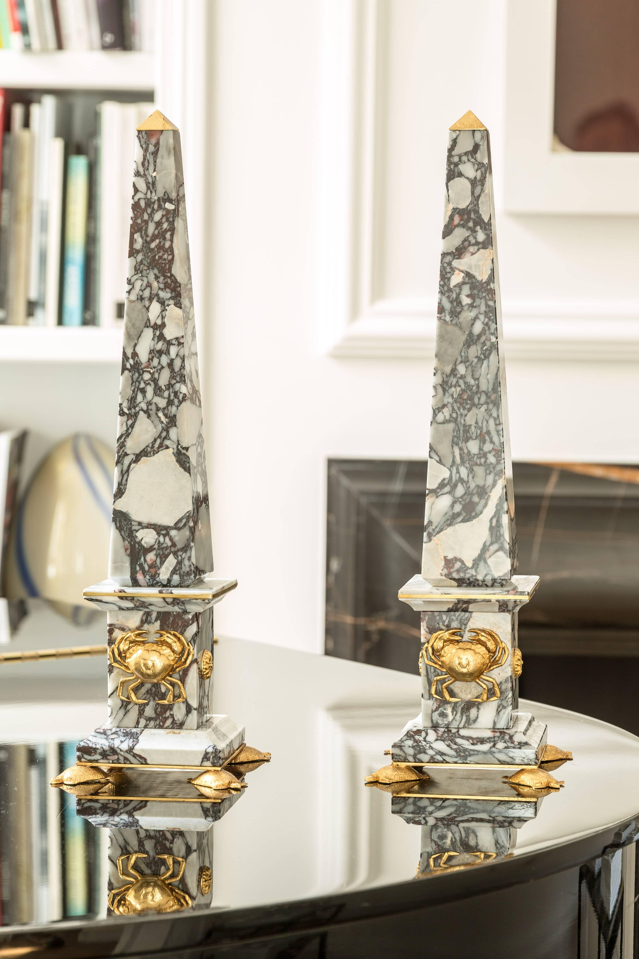 Pair of Italian marble and bronze obelisks CRABS -Grand Tour collection- produced by Lorenzo Ciompi, 2017. Limited edition, 2017.
designed, produced and executed directly in exclusivity for the seller on limited edition of 10
breccia mediacea