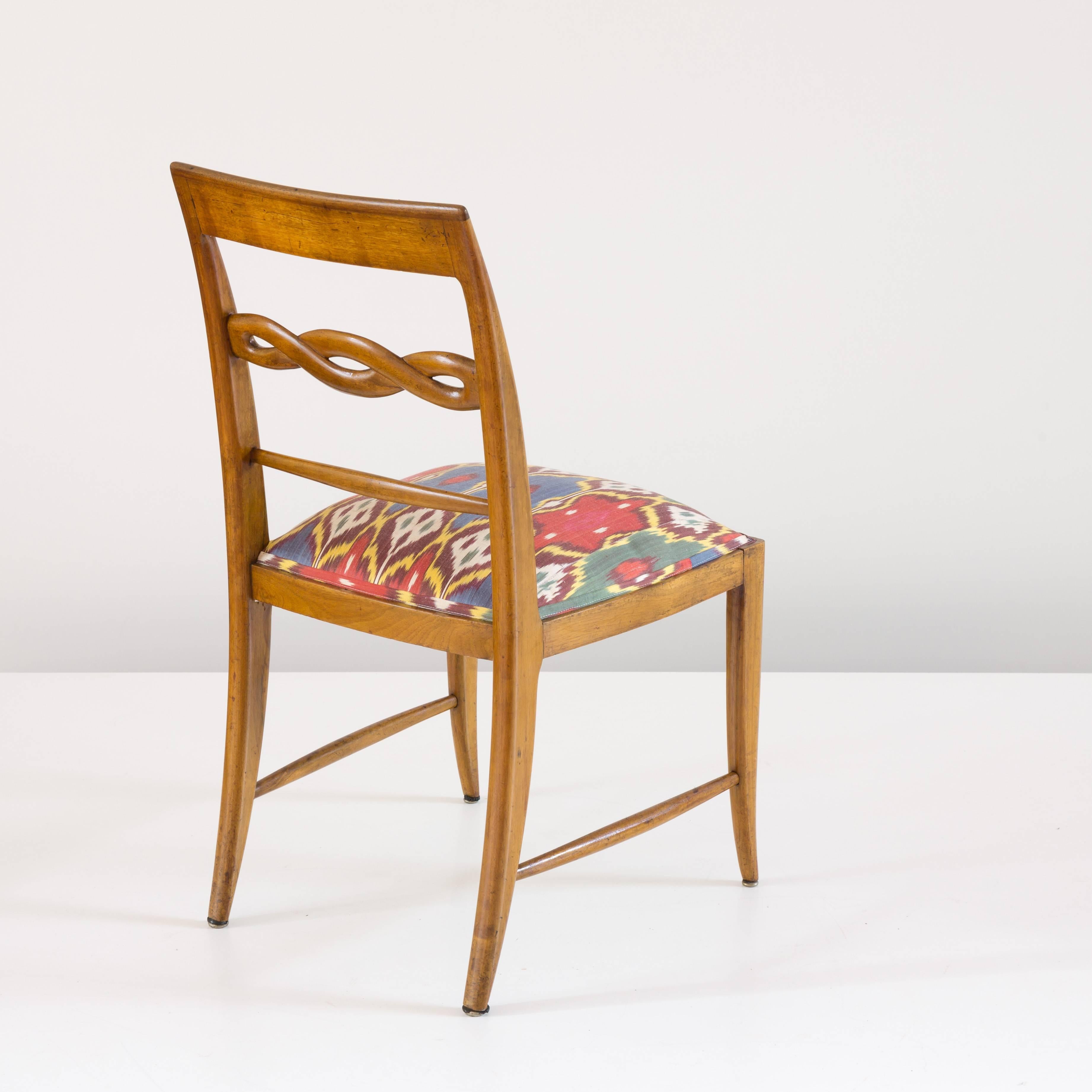 Mid-20th Century Set of Six Paolo Buffa Sculptural Walnut and Silk Dining Chairs, circa 1940
