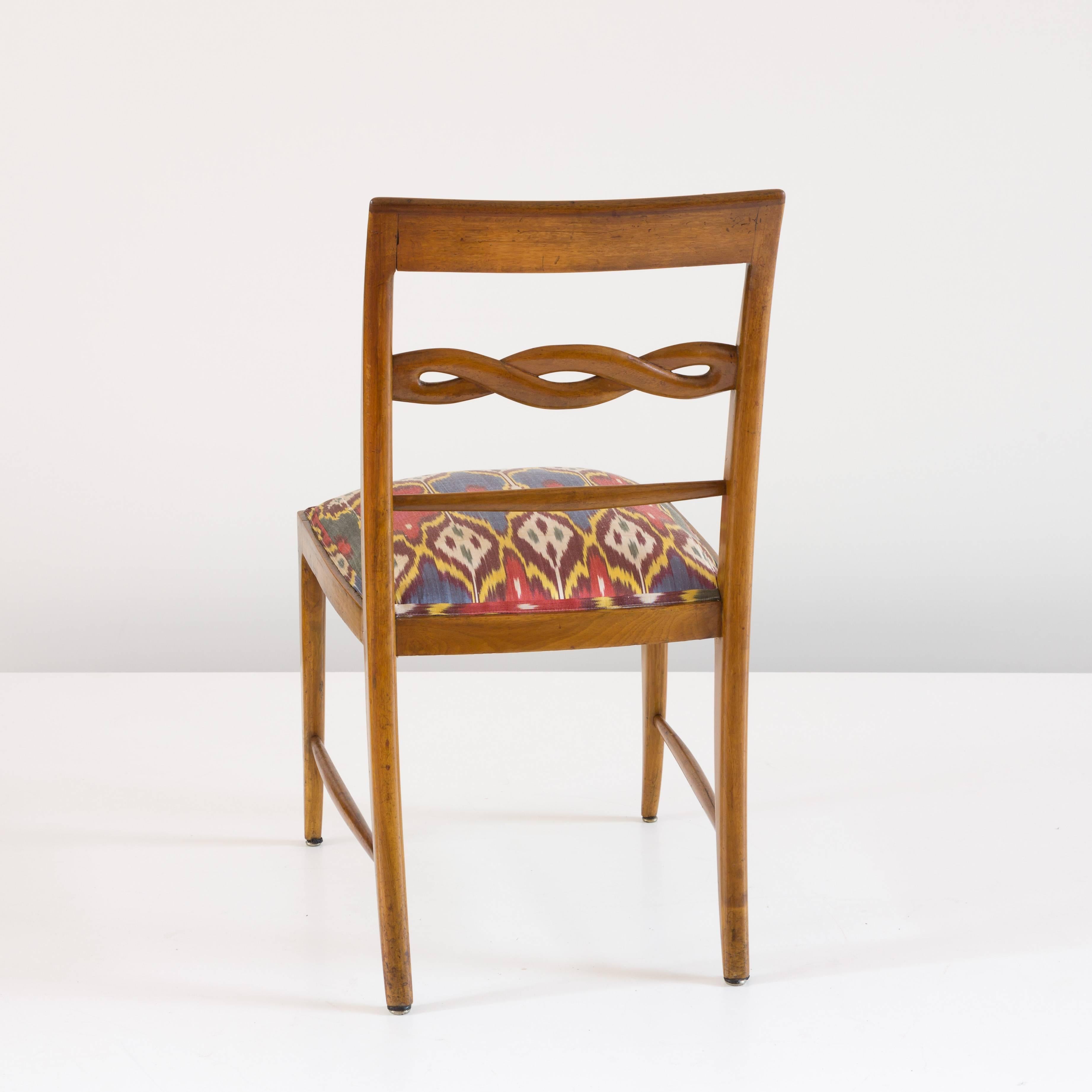 Set of Six Paolo Buffa Sculptural Walnut and Silk Dining Chairs, circa 1940 1