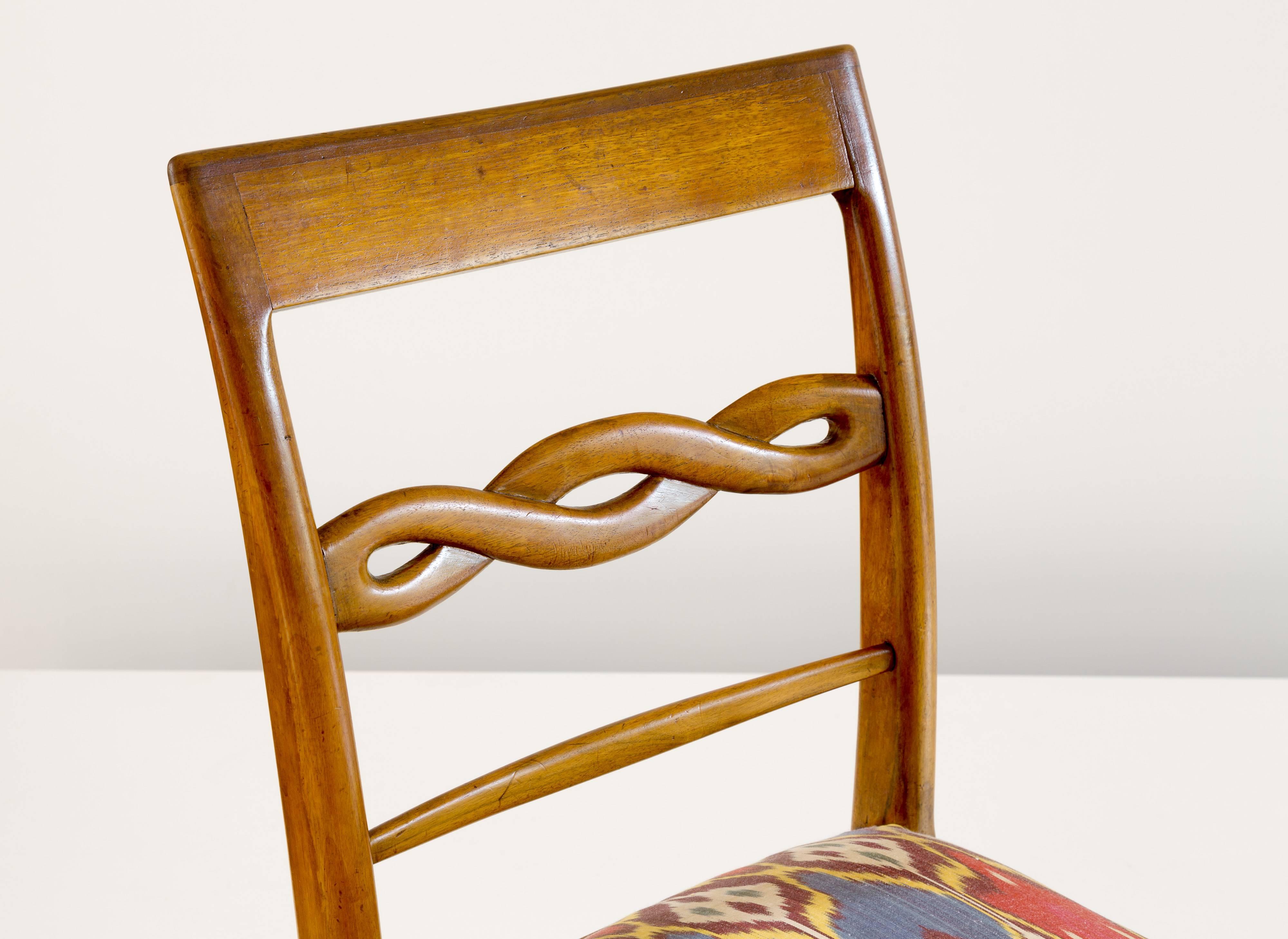 Set of Six Paolo Buffa Sculptural Walnut and Silk Dining Chairs, circa 1940 3