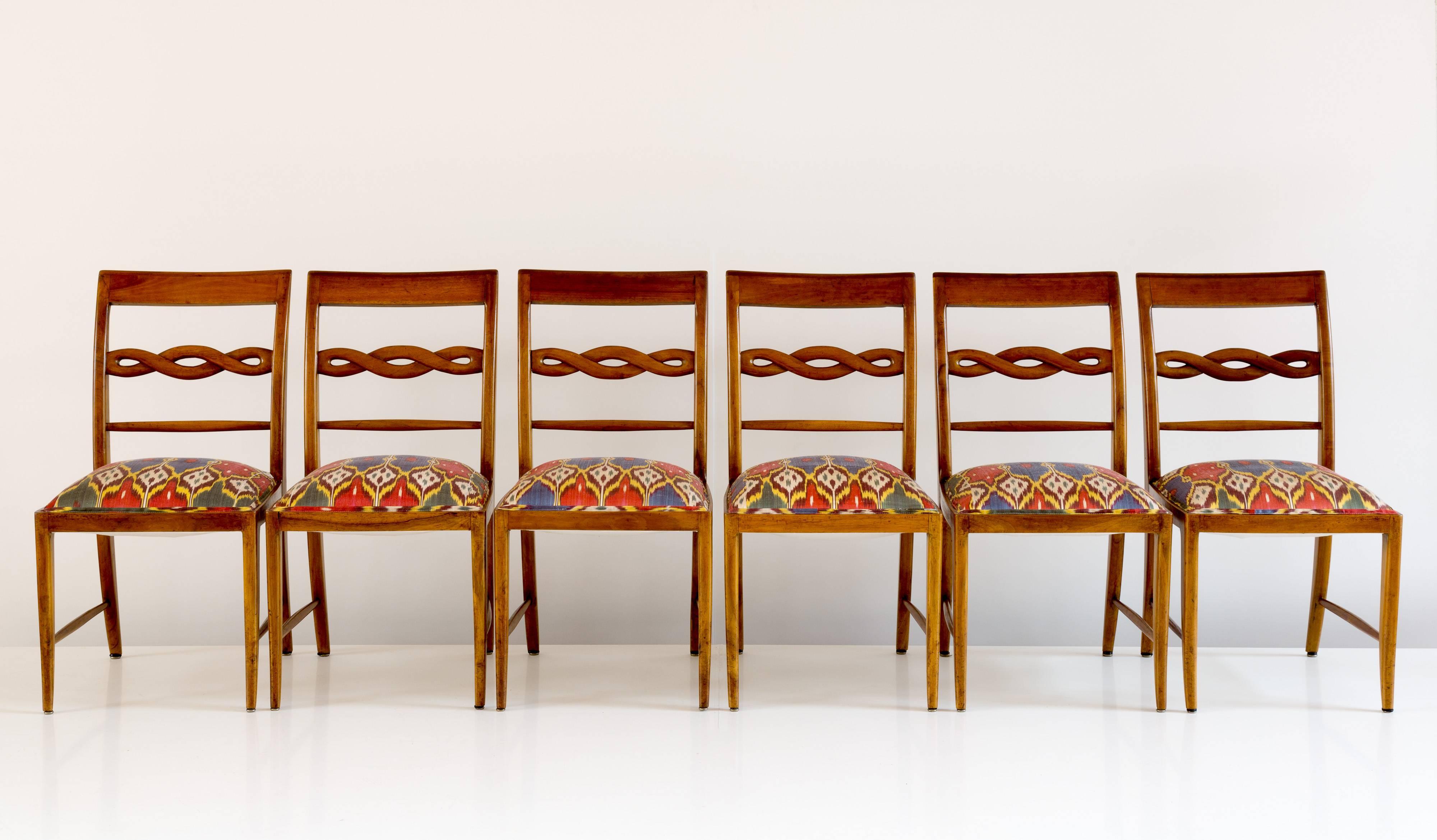 Italian Set of Six Paolo Buffa Sculptural Walnut and Silk Dining Chairs, circa 1940