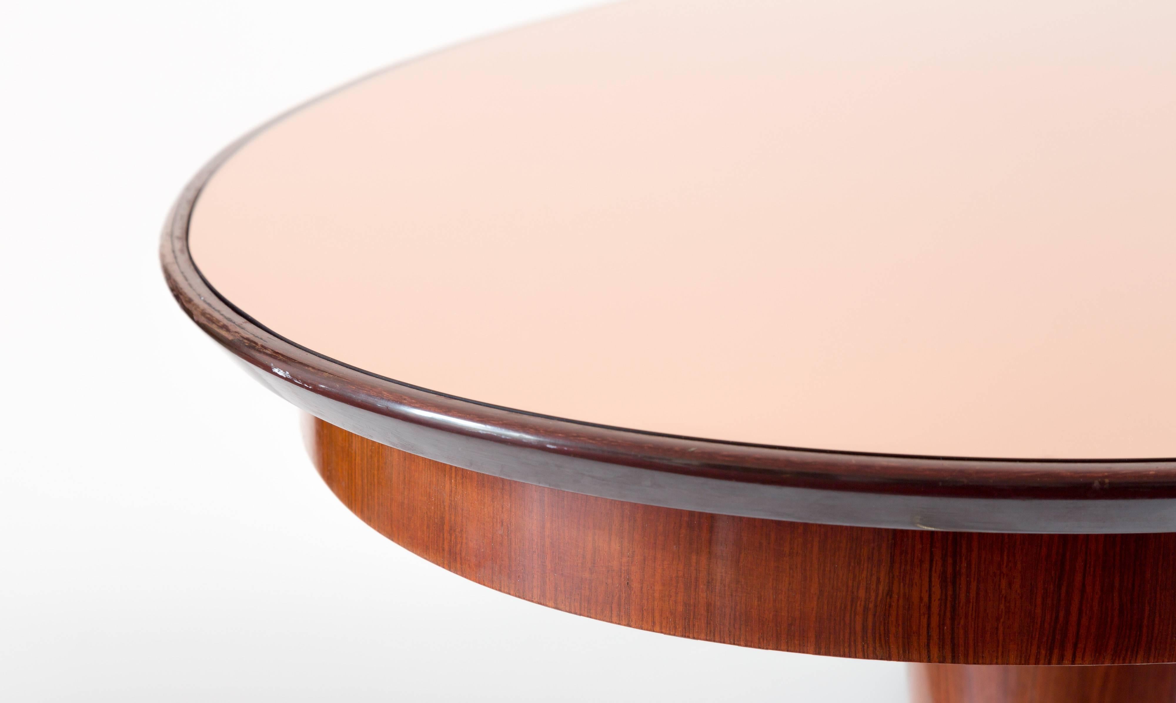 Modern Oval Mahogany Brass Dining Table, Pink Mirror Top, 1952 For Sale