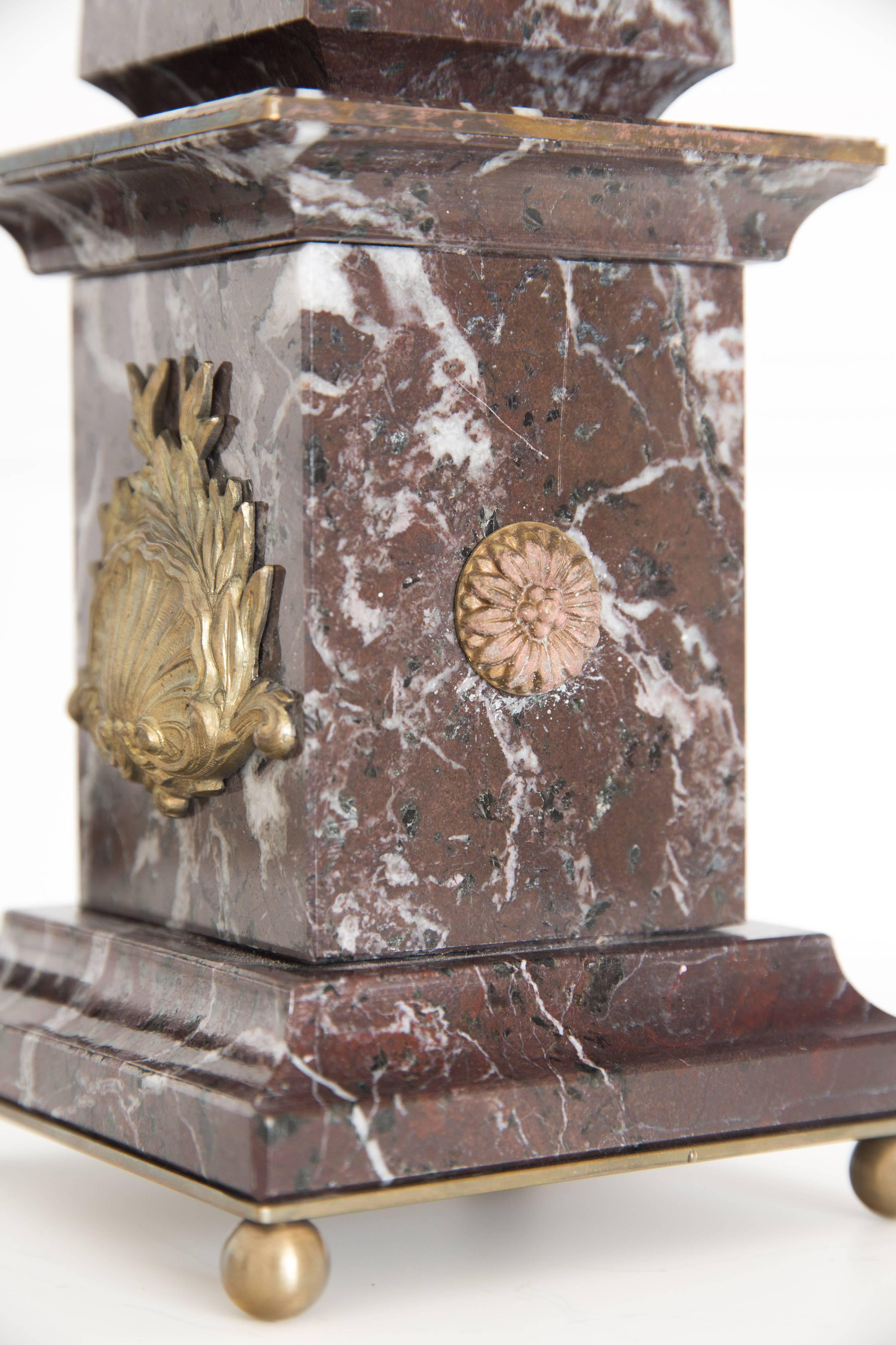 Contemporary Pair of Italian Red Marble and Bronze Obelisks 