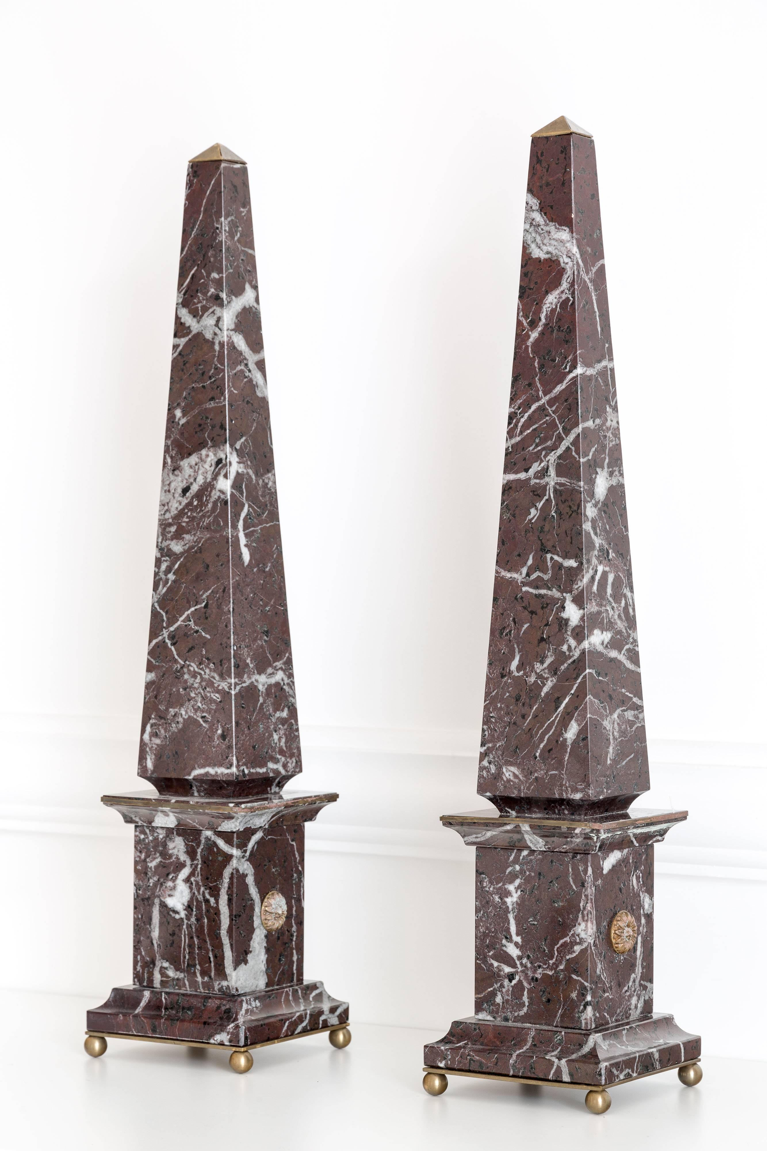 Grand Tour Pair of Italian Red Marble and Bronze Obelisks 