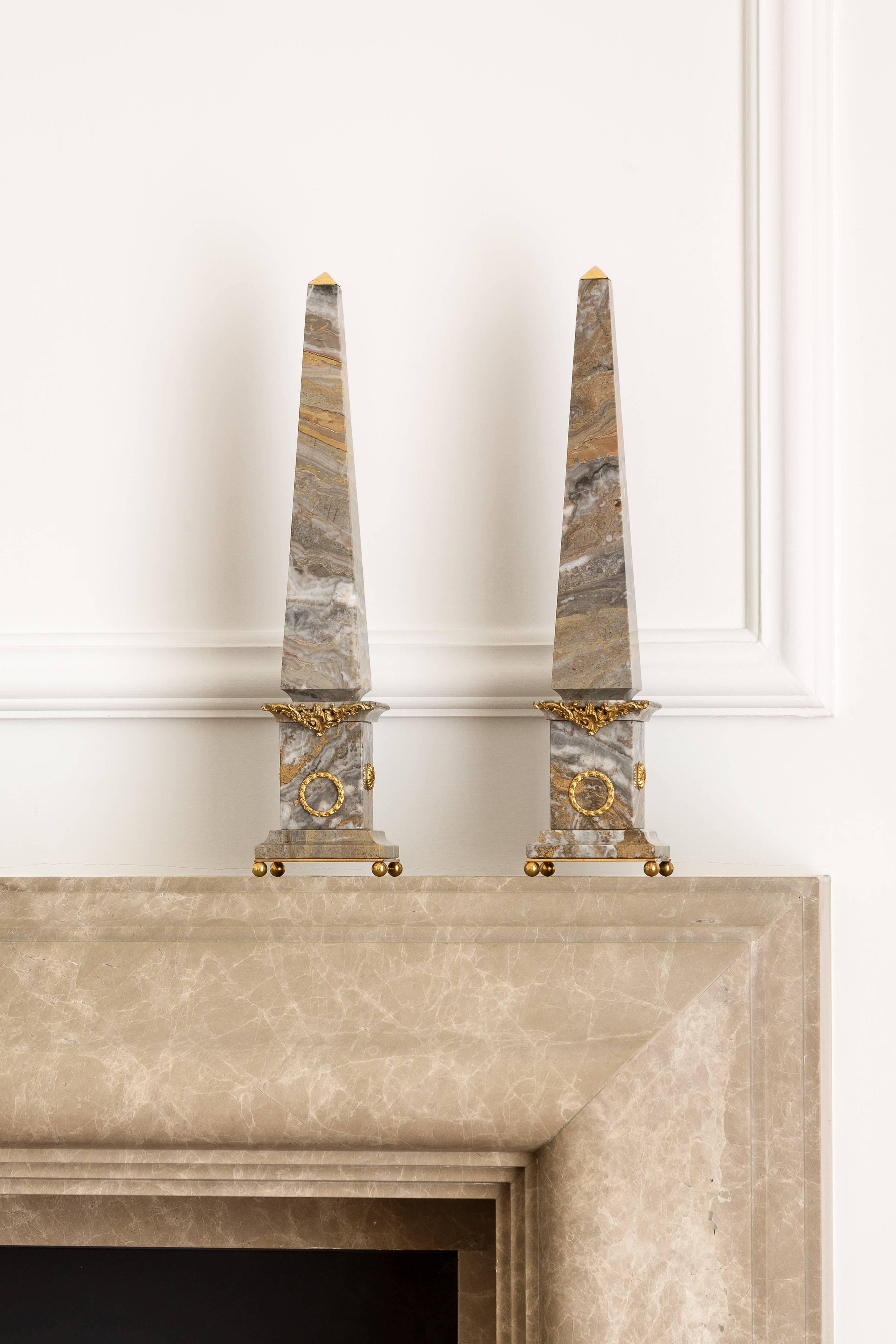 Grand Tour Pair of Italian Marble and Bronze Obelisks, Arabesque, Limited Edition, 2017 