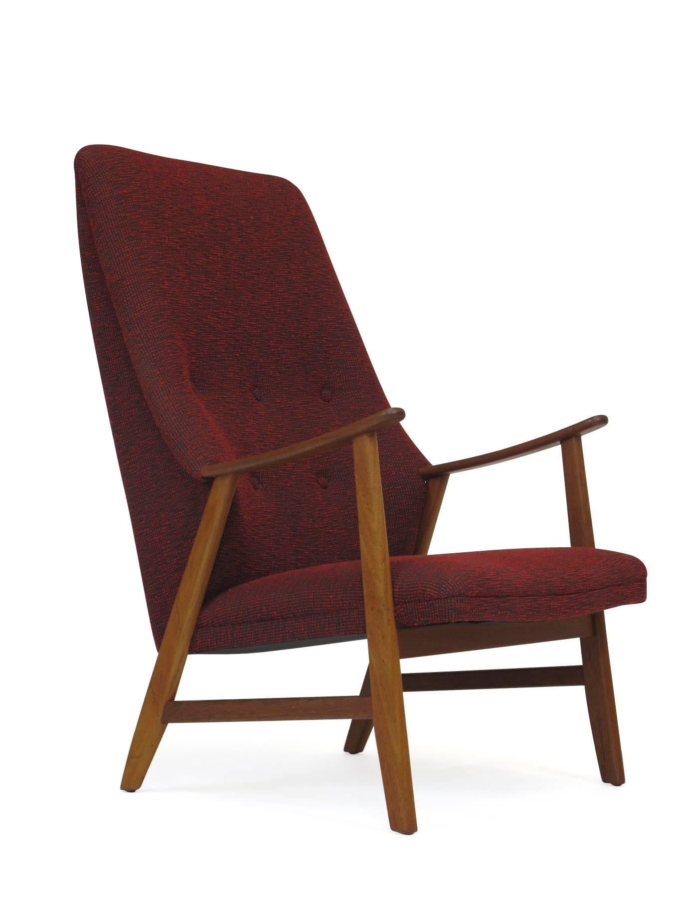 Mid-Century Teak Highback Lounge Chair in Red 1