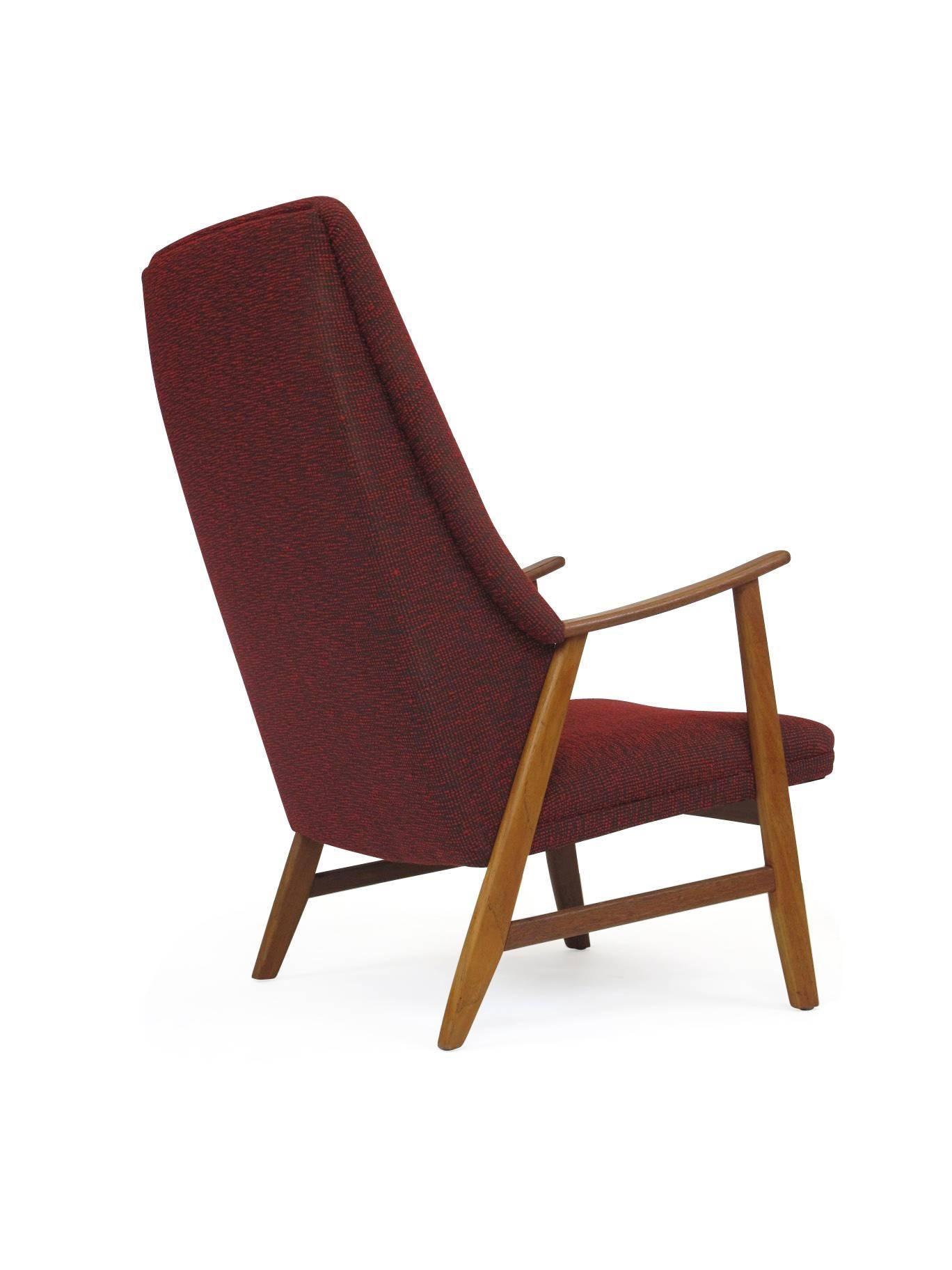 Scandinavian Modern Mid-Century Teak Highback Lounge Chair in Red