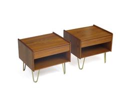 Danish Teak Nightstands on Brass Hairpin Legs